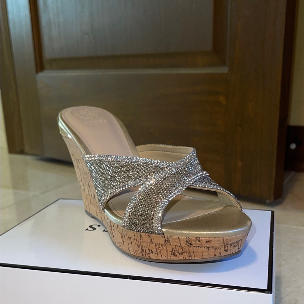 Guess Gold and Tan Wedge Sandals